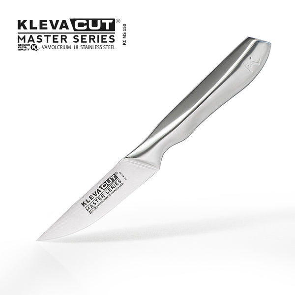 The KlevaCut® Master Series Professional Paring Knife - 9cm from Kleva Range is shown on a white background, featuring a stainless steel blade with a smooth metallic handle and brand details printed on the blade.