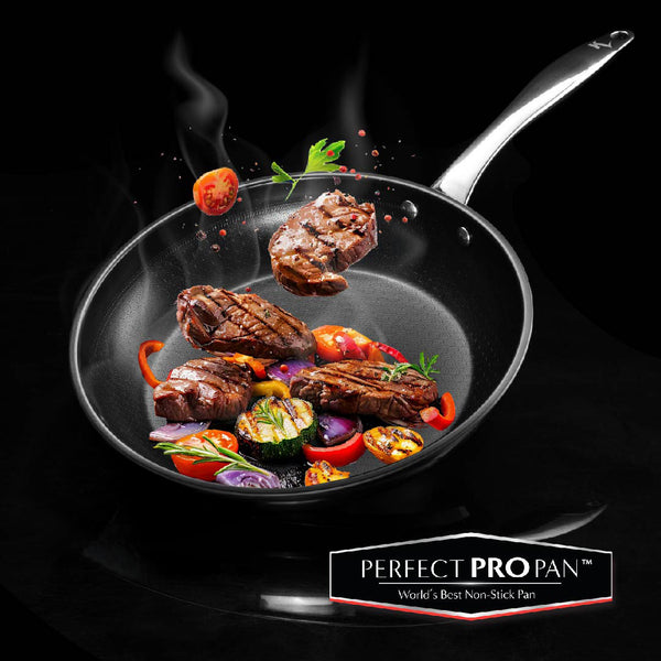 The Kleva Range Perfect Pro Pan Premium Non-Stick 26cm Frying Pan + FREE Universal Glass Lid with Built-In Timer makes cooking meat and vegetables effortless, while the lid ensures perfect results every time.