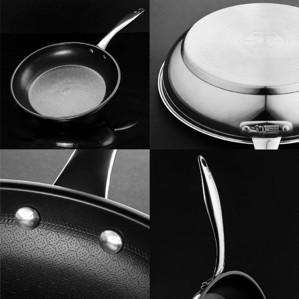 Collage of four black and white close-ups showing the Kleva Range Perfect Pro Pan Premium Non-Stick 26cm Frying Pan + FREE Universal Glass Lid, highlighting its non-stick surface, base, rivets, side profile, and metal handle.