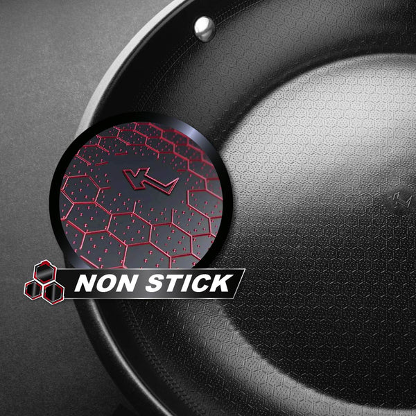 A close-up of the Kleva Range Perfect Pro Pan—a premium, long-lasting 26cm frying pan—showcases its hexagonal non-stick surface and subtle logo, with an inset highlighting the NON STICK coating label.