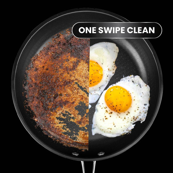 A Kleva Range Perfect Pro Pan Premium Non-Stick 26cm Frying Pan + FREE Universal Glass Lid with Built-In Timer is shown—half burnt, half clean with eggs. Text: ONE SWIPE CLEAN. Effortless non-stick cooking made easy.