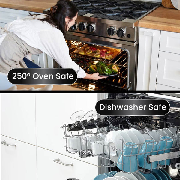In a modern kitchen, a woman loads plates and the Kleva Range Perfect Pro Pan—premium non-stick, long-lasting 26cm and dishwasher safe—while placing food in an oven-safe tray labeled 250°.