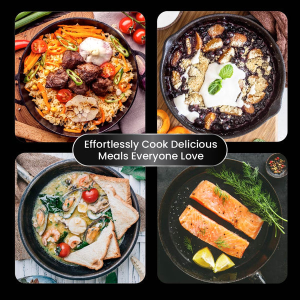 Four dishes are featured using the Kleva Range Perfect Pro Pan: rice & meatballs, baked dessert, shrimp salad, and salmon with lemon—all prepared in the 26cm premium non-stick, long-lasting frying pan. Text appears at the center.