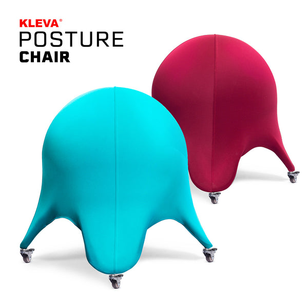 Two KLEVA® Posture Chairs—one turquoise, one red—each with four wheeled legs, are shown on a white background. "Kleva Range" and the product name appear in black and red text. Designed for active sitting, better posture & back support.