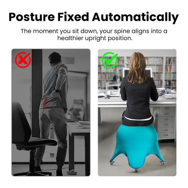 A split image shows a man holding his lower back in pain and a woman sitting upright at her desk on the KLEVA® Posture Chair by Kleva Range, which promotes better posture, core strength, and back support automatically.