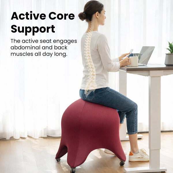 A woman sits upright on the KLEVA® Posture Chair by Kleva Range at a desk with a laptop and coffee. A spine illustration overlays her back. Text reads: Active sitting for better posture, core strength, and less back pain.