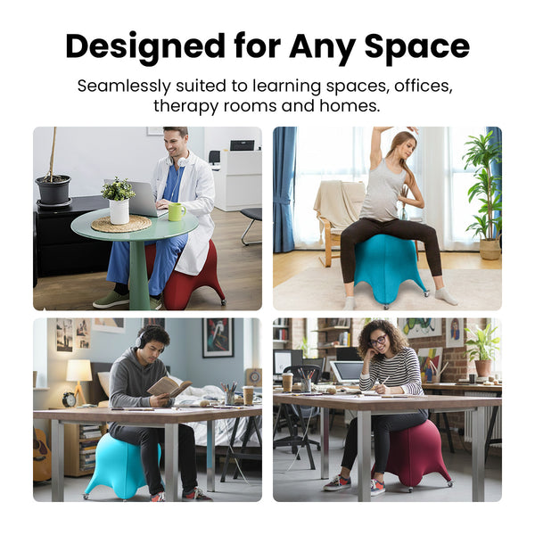 Four people use the KLEVA® Posture Chair by Kleva Range in an office, living room, reading area, and workspace—demonstrating the chair’s ergonomic support, versatility, and benefits for posture, core strength, and back support across environments.