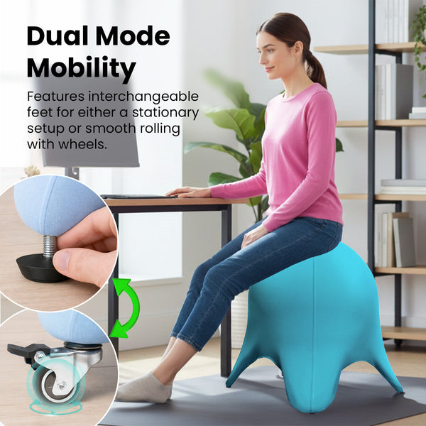 A woman sits on a blue KLEVA® Posture Chair by Kleva Range in an office. Close-ups reveal screw-on feet and wheels. Text: Dual Mode Mobility—switch between stationary setup or smooth rolling with interchangeable feet or wheels.