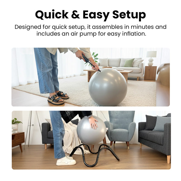Two images show a person inflating the gray KLEVA® Posture Chair by Kleva Range. The top image shows the use of an air pump; the bottom shows the ball on its stand as an active sitting chair for posture, core strength, and back support.