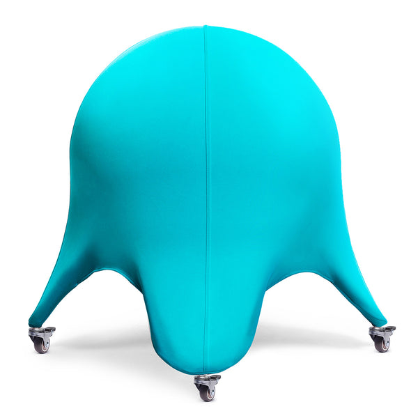The KLEVA® Posture Chair by Kleva Range features a bright turquoise, ergonomic design with a smooth, rounded cover and four caster-legged feet, offering active sitting for better posture, core strength, and back support in an abstract shape.