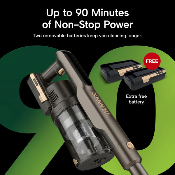 The KRAPOF® S3 Power Vac Cordless Stick Vacuum from Kleva Range includes two rechargeable batteries (one extra FREE), offering up to 90 minutes of non-stop cleaning—ideal for pet hair.