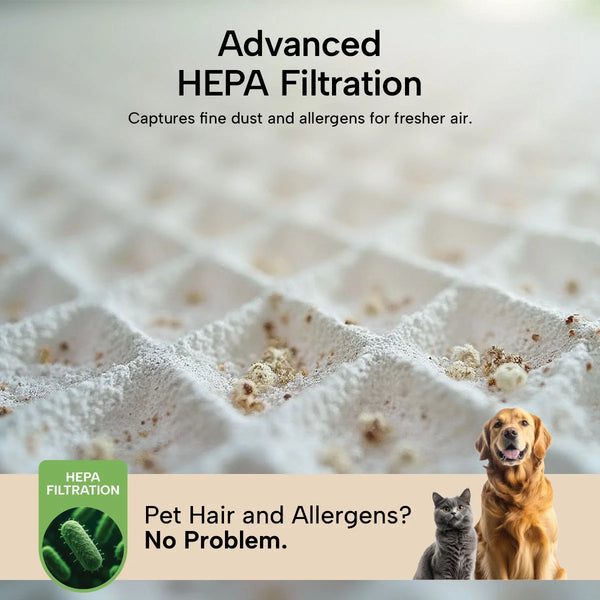 A close-up of the KRAPOF® S3 Power Vac filter by Kleva Range shows dust and debris, highlighting Advanced HEPA Filtration for fine dust, allergens, and pet hair. Banner: Pet Hair and Allergens? No Problem with this lightweight cordless vacuum plus FREE second battery.