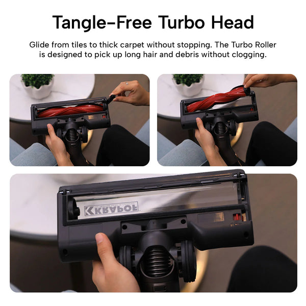 Three images show a person using the KRAPOF® S3 Power Vac Cordless Stick Vacuum from Kleva Range, featuring a red turbo roller and tangle-free design—perfect for pet hair and debris removal on multiple surfaces. Includes an extra free second battery.