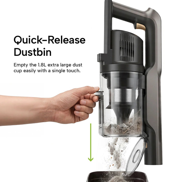 A hand empties dust from the KRAPOF® S3 Power Vac Cordless Stick Vacuum’s 1.8L extra-large dust cup into a bin. Text reads Quick-Release Dustbin—ideal for pet hair cleanup. From Kleva Range, includes an extra FREE second battery. Arrow points downward.