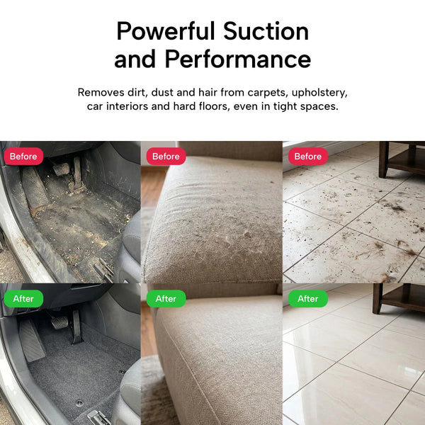 Side-by-side before and after photos show the KRAPOF® S3 Power Vac Cordless Stick Vacuum by Kleva Range removing dirt from car floor, sofa, and tiles. Text highlights Powerful Suction & Performance. Includes FREE extra battery.