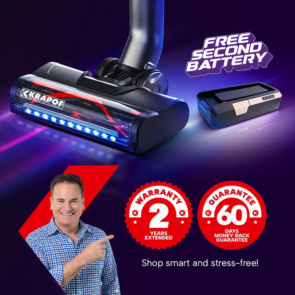 A smiling man points at the KRAPOF® Power Vac S3 Cordless Stick Vacuum by Kleva Range, featuring LED lights, detachable battery, powerful suction, an extra FREE second battery, 2-year extended warranty and a 60-day money-back guarantee.