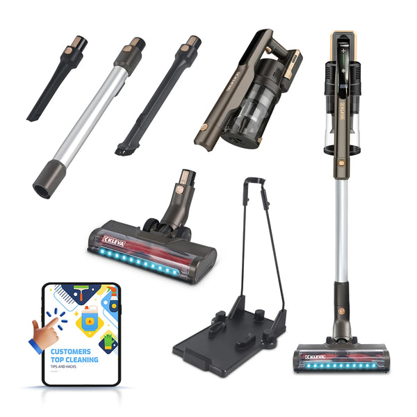 Introducing the KLEVA® Power Vac S3 Cordless Stick Vacuum by Kleva Range—a ultra-lightweight, cordless vacuum cleaner featuring a detachable handheld unit, strong suction power, extra FREE second battery, multiple attachments (including two nozzles and an extension tube), LED floor head, and a convenient charging base—all showcased on a white background.