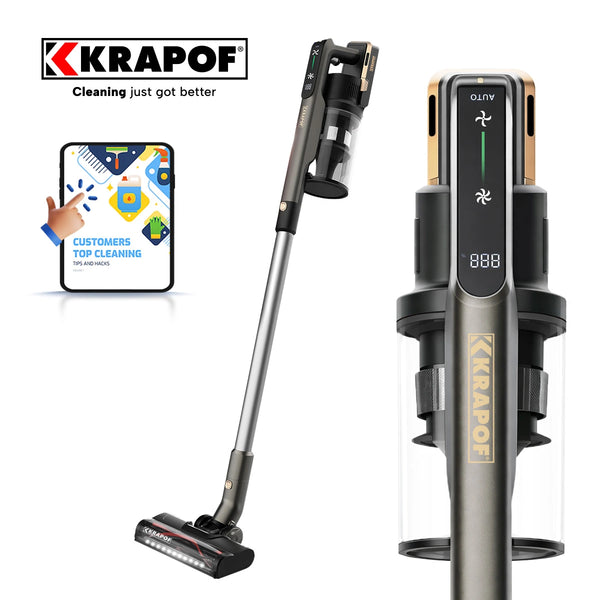The KRAPOF® Power Vac S3 Cordless Stick Vacuum by Kleva Range stands upright, showcasing its handle and controls, while a hand points at a tablet displaying customer satisfaction and cleaning graphics. Includes an extra FREE second battery.