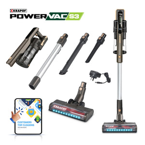 Introducing the KRAPOF® Power Vac S3 Cordless Stick Vacuum + Extra FREE Second Battery from Kleva Range. This ultra-lightweight vacuum cleaner comes with two extension tubes, two cleaning heads, a wall mount, and a charger. A graphic labeled “Customers Top Cleaning Tips and Hacks” is also shown. Enjoy powerful suction in a convenient, easy-to-carry design.