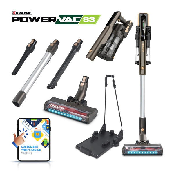 The KRAPOF® Power Vac S3 Cordless Stick Vacuum + Extra FREE Second Battery from Kleva Range is displayed with a variety of attachments, including extension tubes, a floor head with LED lights, a wall mount, and an informational card featuring top cleaning tips. Enjoy powerful suction in this ultra-lightweight vacuum for effortless and efficient cleaning.