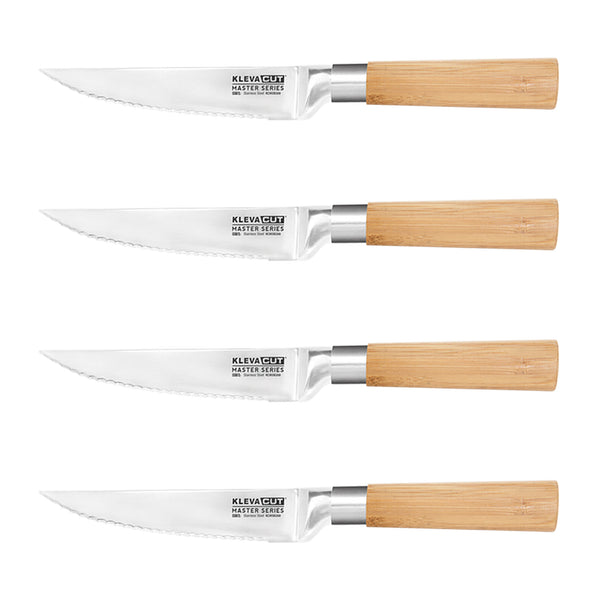 The Kleva Range KlevaCut® Master Series 4 Piece Bamboo Steak Knives Set features four precision-serrated steak knives with silver blades and light bamboo handles, arranged parallel on a white background for a premium look.