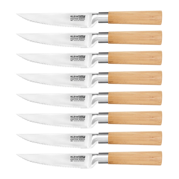 Four KlevaCut® Master Series steak knives by Kleva Range, featuring precision-serrated blades and bamboo handles, are arranged vertically against a white background. The blades display the brand name.