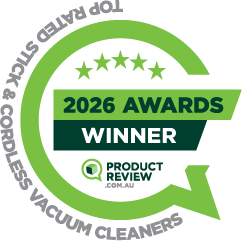 A green and white badge with the text 2026 Awards Winner and Top Rated Stick & Cordless Vacuum Cleaners from ProductReview.com.au, featuring five stars and a circular arrow design.
