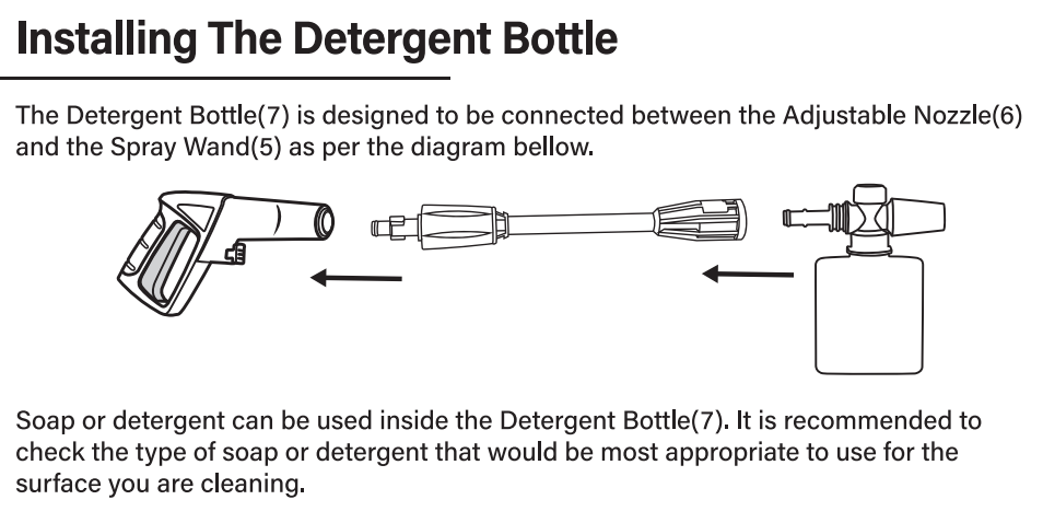 Black and white diagram showing how to connect a spray wand and adjustable nozzle to a detergent bottle. Arrows indicate the assembly direction. Instructional text is above and below the diagram.