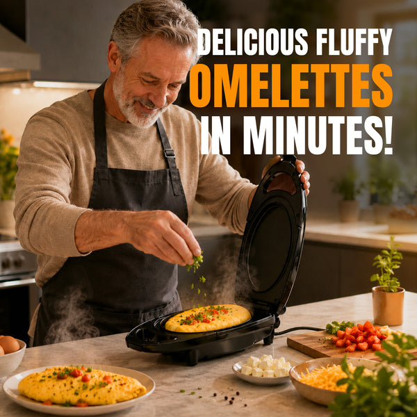 A man in a kitchen sprinkles herbs onto an omelette cooking in the KLEVA Quick Grill by Kleva Range, featuring non-stick plates, with chopped vegetables and cheese nearby. Text reads: Delicious Fluffy Omelettes In Minutes!.
