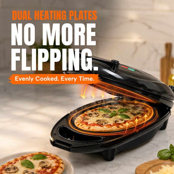 A KLEVA Quick Grill countertop pizza maker from Kleva Range is shown with an open lid, revealing a pizza cooking inside. Text reads: Dual heating plates for double-sided cooking—no flipping needed. Enjoy evenly cooked pizza every time. Non-stick plates make cleanup easy, while orange arrows illustrate heat circulating above and below the pizza.