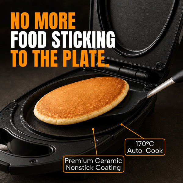 A freshly cooked pancake rests on a spatula inside an open KLEVA Quick Grill by Kleva Range. Text emphasizes the premium ceramic nonstick plate—no more food sticking—plus double-sided cooking and 170°C auto-cook for fast, effortless grilling.