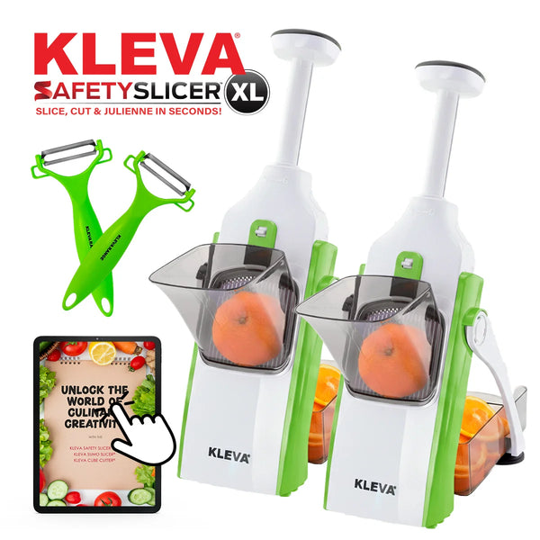 Kleva Green Safety Slicer XL set with dual slicers, peelers, and digital recipe guide