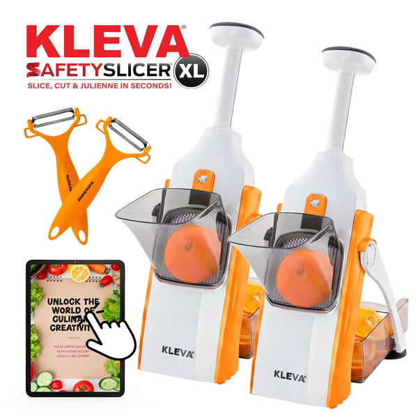 Kleva Orange Safety Slicer XL set with dual slicers, peelers, and digital recipe guide