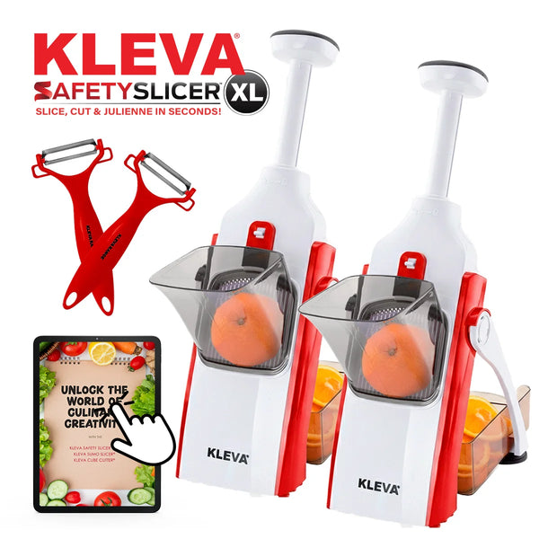 Kleva Red Safety Slicer XL set with dual slicers, peelers, and digital recipe guide