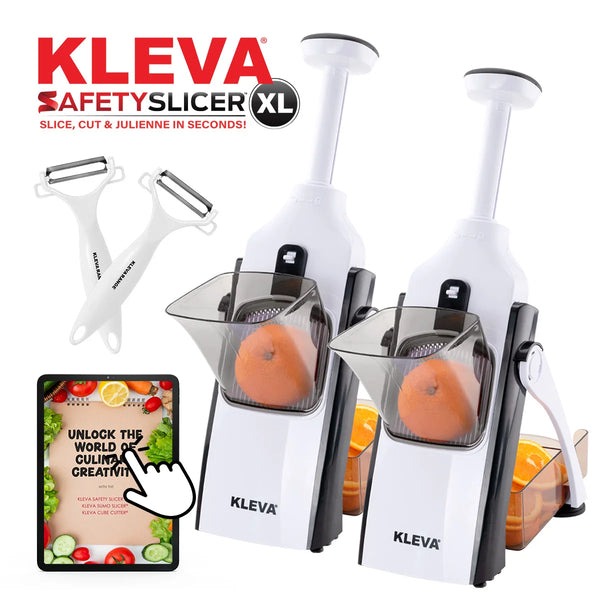 Kleva Black Safety Slicer XL set with dual slicers, peelers, and digital recipe guide