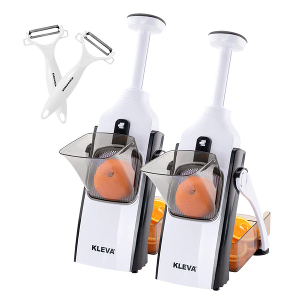 The Kleva Range Safety Slicer™️ One-Push XL Vegetable Slicer Buy 1 Get 1 FREE set includes bonus peelers and a cooking e-book—a versatile kitchen tool duo for effortless slicing and peeling.