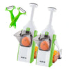 Two green and white Kleva Range Safety Slicer™️ One-Push XL Vegetable Slicers, each holding oranges, are shown beside two green Y-shaped peelers with black blades on a white background. Offer: Buy 1 Get 1 FREE + Cooking E-Book.