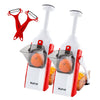 Two Kleva Safety Slicer™️ One-Push XL Vegetable Slicers from Kleva Range, each with a transparent container and orange vegetable, plus two red Y-shaped peelers and a cooking e-book (Buy 1 Get 1 FREE offer).