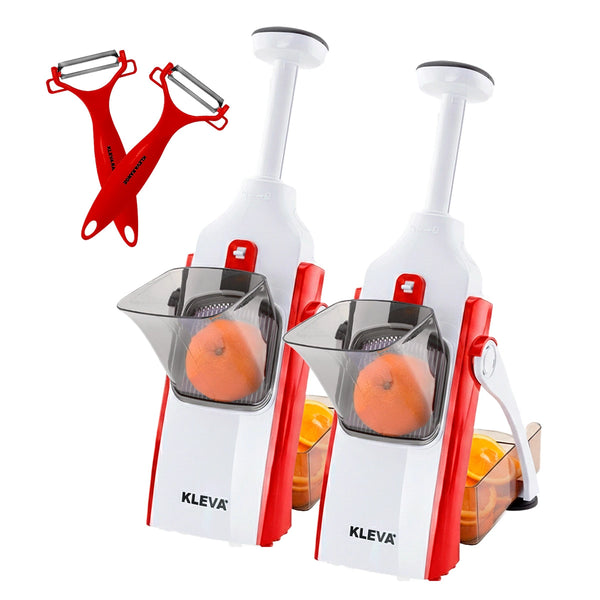 Two Kleva Safety Slicer™️ One-Push XL Vegetable Slicers from Kleva Range, each with a transparent container and orange vegetable, plus two red Y-shaped peelers and a cooking e-book (Buy 1 Get 1 FREE offer).