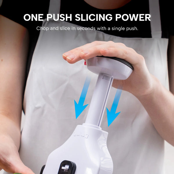 Hand pressing Kleva Safety Slicer XL handle for one-push slicing