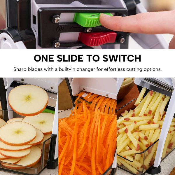 Apples, carrots, and potatoes sliced and julienned with Kleva Safety Slicer XL