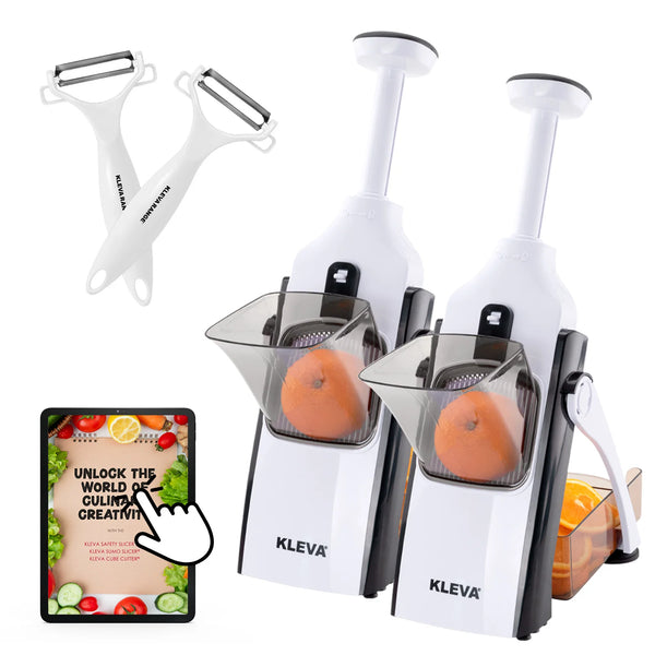 Kleva Safety Slicer XL bundle with peelers and digital recipe guide on white background