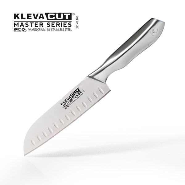 The Kleva Range KlevaCut® Master Series Professional Santoku Knife - 18cm, crafted from Japanese stainless steel, is shown on a white background with the brand logo and product details in the top left corner.