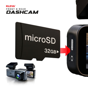 A 32GB Micro SD Memory Card from Kleva Range is shown being inserted into a dashcam, alongside two dashcams and the text “KLEVA FRONT & REAR DASHCAM,” emphasizing extra storage to capture every moment.