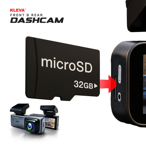 A 32GB Micro SD Memory Card from Kleva Range is shown being inserted into a dashcam, alongside two dashcams and the text “KLEVA FRONT & REAR DASHCAM,” emphasizing extra storage to capture every moment.