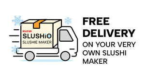 A graphic of a delivery truck carrying a box labeled “Kleva Slushi Maker” with snowflakes and motion lines. Text reads: “Free delivery on your very own slushi maker.”.