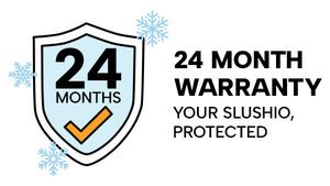 A shield icon with 24 MONTHS and a check mark, surrounded by snowflakes. Next to it, the text reads: 24 MONTH WARRANTY. YOUR SLUSHIO, PROTECTED.