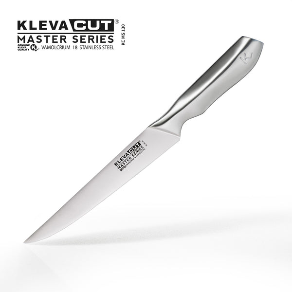 The KlevaCut® Master Series Professional Slicer Knife - 20cm by Kleva Range is shown on a white background, displaying its labeled Japanese steel blade and ergonomic handle—ideal for precise slicing.