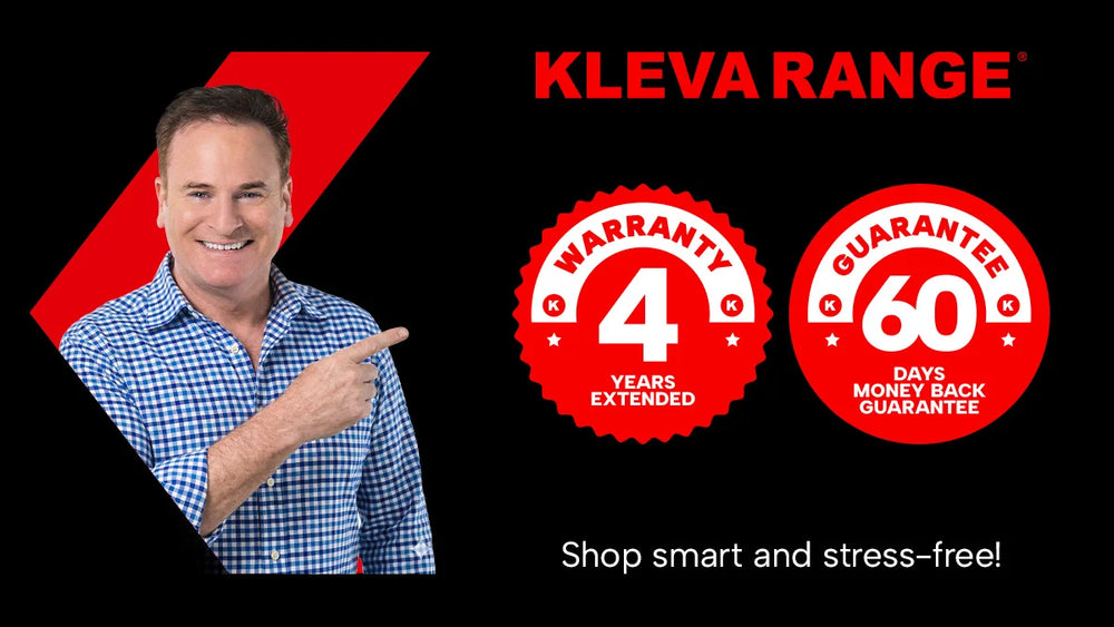 Advertisement for Kleva Range with a man pointing to the brand name on a black background.