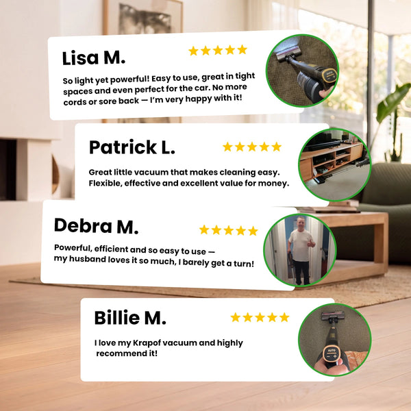 Four positive customer reviews for the KRAPOF® Power Vac S3 Cordless Stick Vacuum + Extra FREE Second Battery from the Kleva Range are shown, each with a 5-star rating and text feedback highlighting features such as pet hair removal. The reviews include small images of the ultra-lightweight vacuum or users operating it, set against a modern living room backdrop featuring a green sofa.